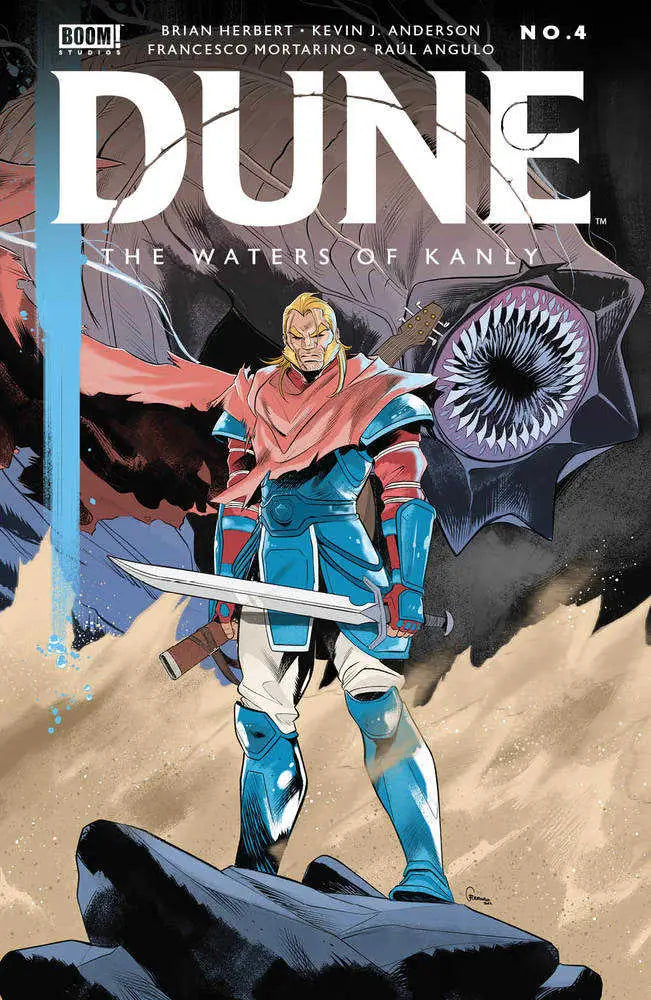 Comic book cover for Dune The Waters of Kanly #4 features figure in blue armor with sword