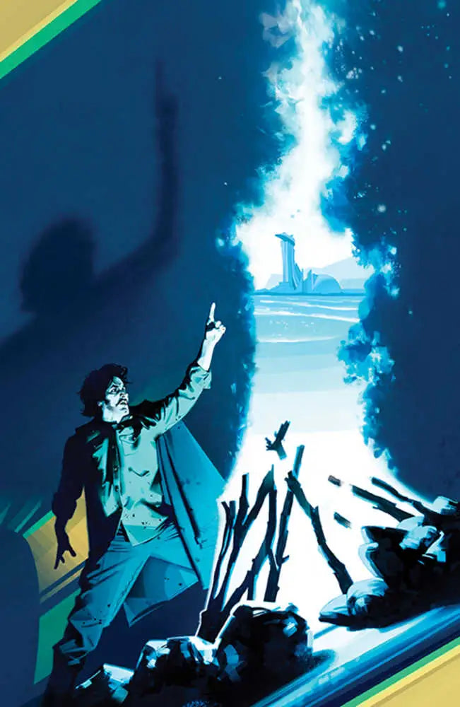 A figure in a coat gestures by bright blue flames on Dune Whisper Of Caladan Seas cover