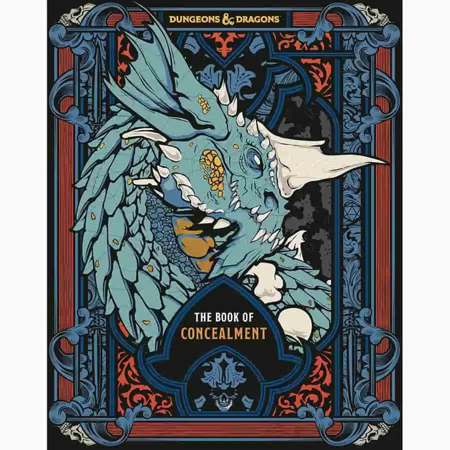 Blue dragon head with ornate scales on Dungeons & Dragons Book of Concealment cover
