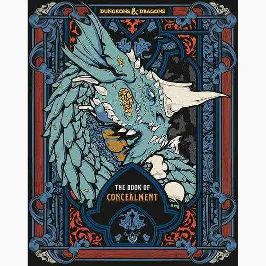 Blue dragon head with ornate scales on Dungeons & Dragons Book of Concealment cover