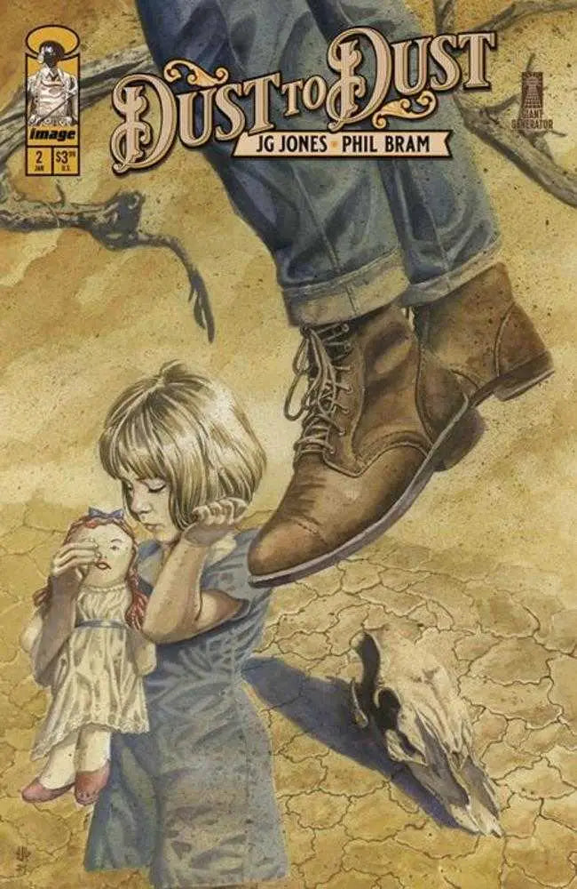 Comic book cover Dust To Dust #2 featuring a dust storm and photojournalist Sarah during the Great Depression
