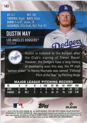 Dustin May 2021 Stadium Club Chrome #143 Los Angeles Dodgers - Baseball Card Single