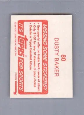 Dusty Baker - 1984 Topps Stickers - #80 - Baseball - Baseball Card Single