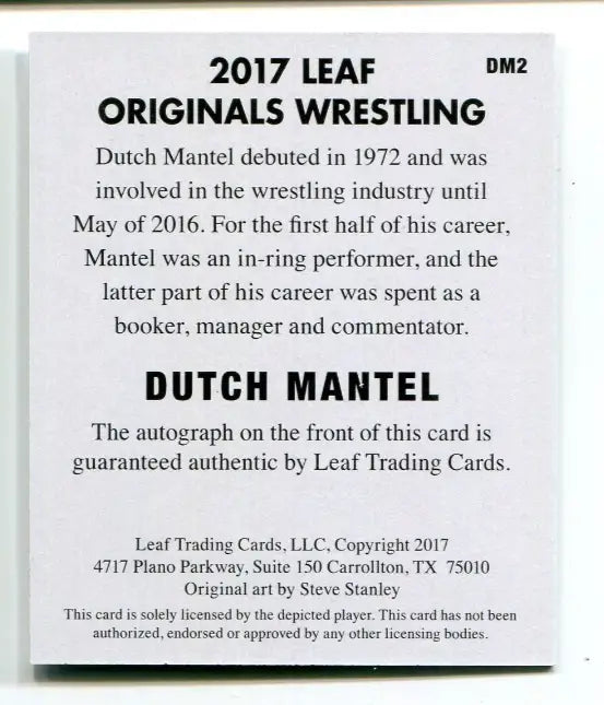 Dutch Mantel 2017 Leaf Originals Wrestling Autograph Auto DM2 - Wrestling Card Single