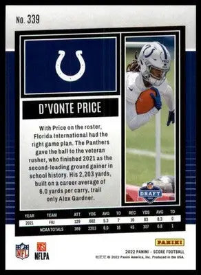 D’Vonte Price Rookie 2022 Score #339 Indianapolis Colts - Football Card Single