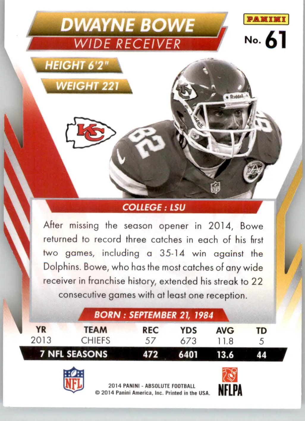 Dwayne Bowe - 2014 Panini Absolute - #61 - Retail Football