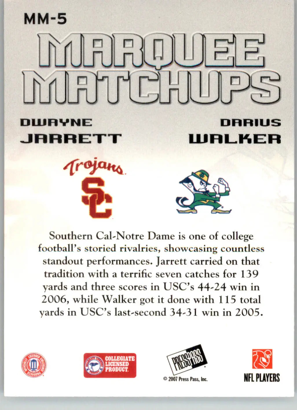 Dwayne Jarrett / Darius Walker - 2007 Press Pass SE - #MM-5 - Marquee Matchups - Football Card Single