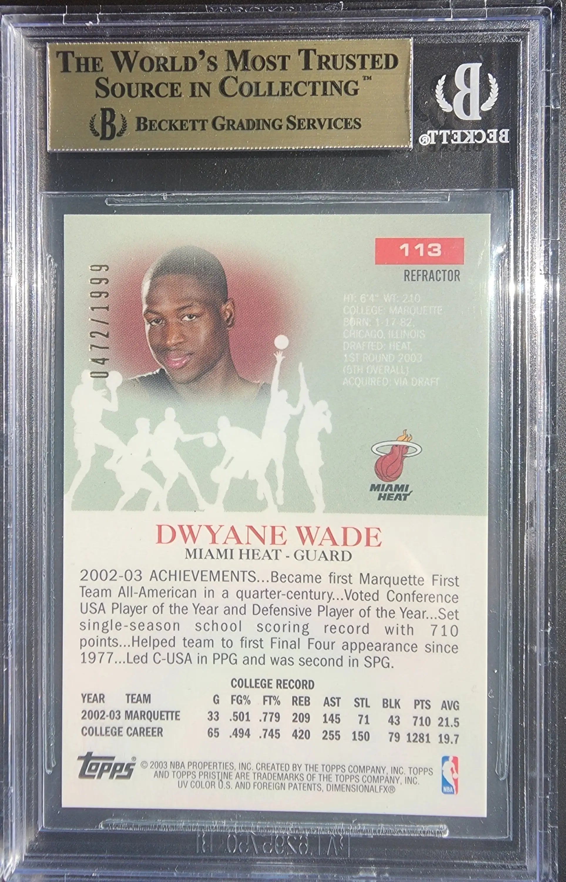 Beckett-graded Dwyane Wade Topps Pristine basketball trading card, Gem Mint condition