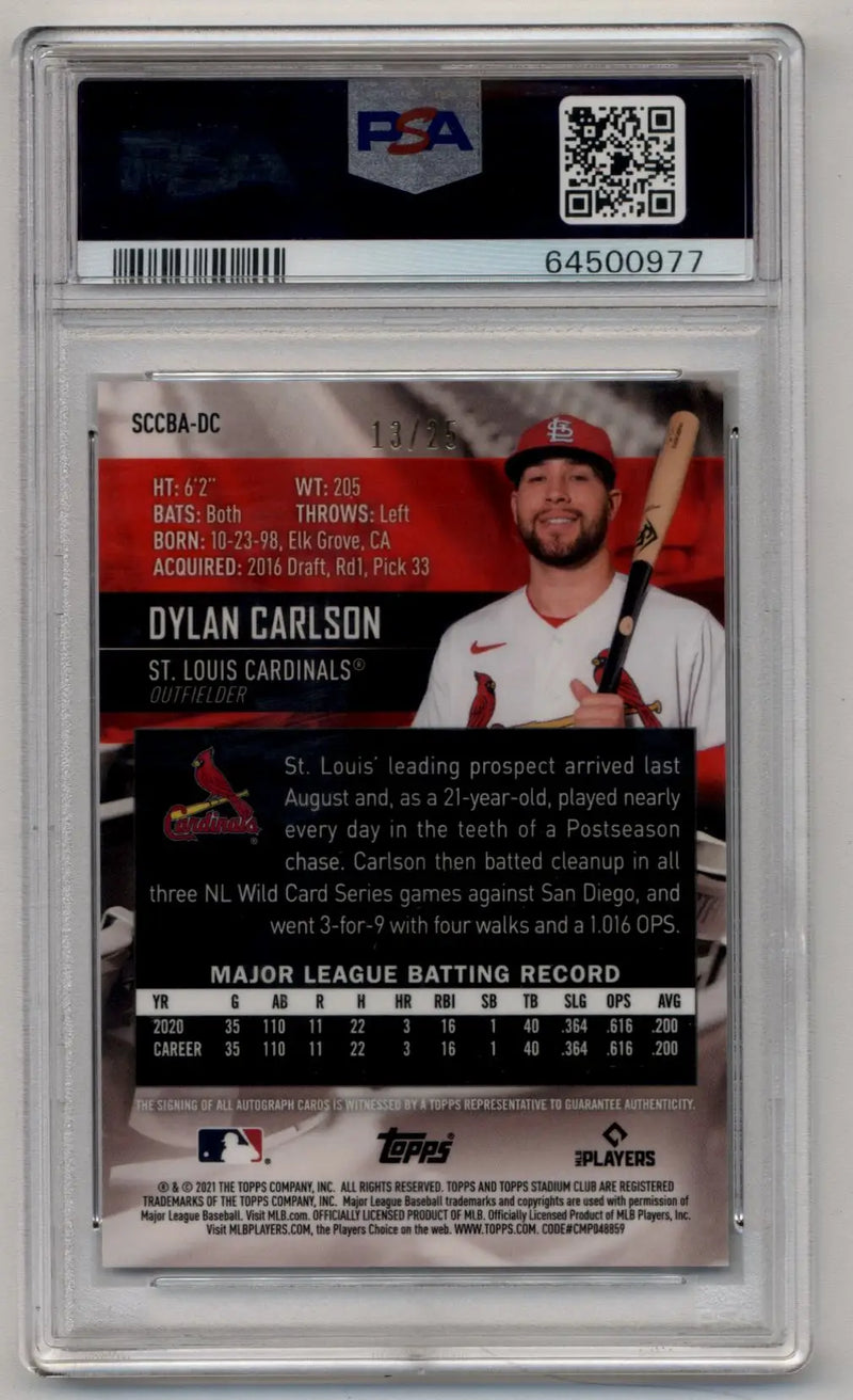 Dylan Carlson 2021 Stadium Club Chrome Orange Auto 13/25 PSA 10 Gem Mint - Baseball Card Single