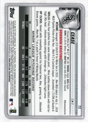 Dylan Cease Rookie 2020 Bowman Chrome #72 Chicago White Sox - Baseball Card Single
