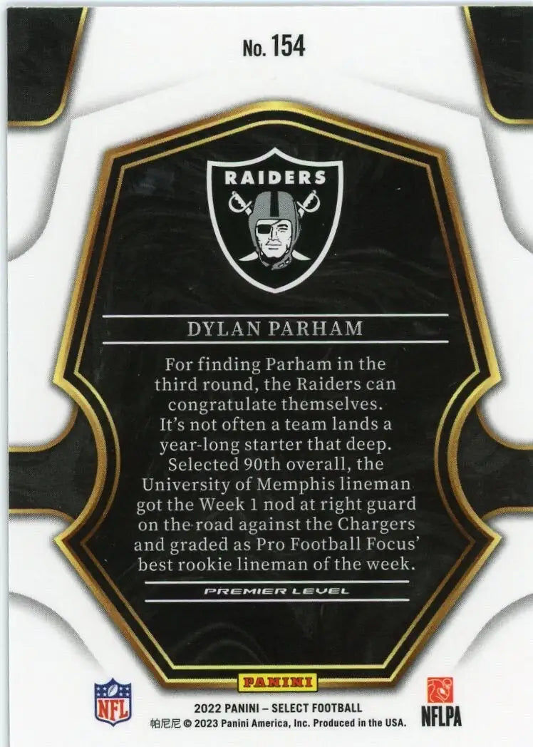 Dylan Parham Rookie 2022 Panini Select Premier #154 Las Vegas Raiders Football - Football Card Single