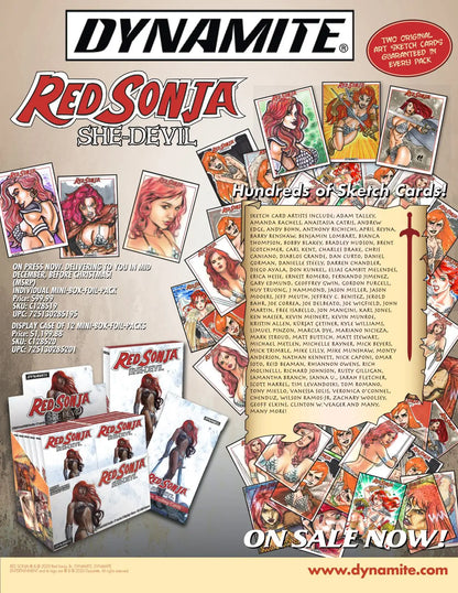 Advertisement for Red Sonja collectibles featuring She-Devil Deluxe Ultra-Premium trading cards