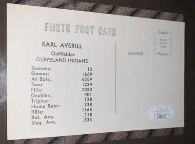 Earl Averill signed real photo postcard featuring Cleveland Indians Hall of Fame icon