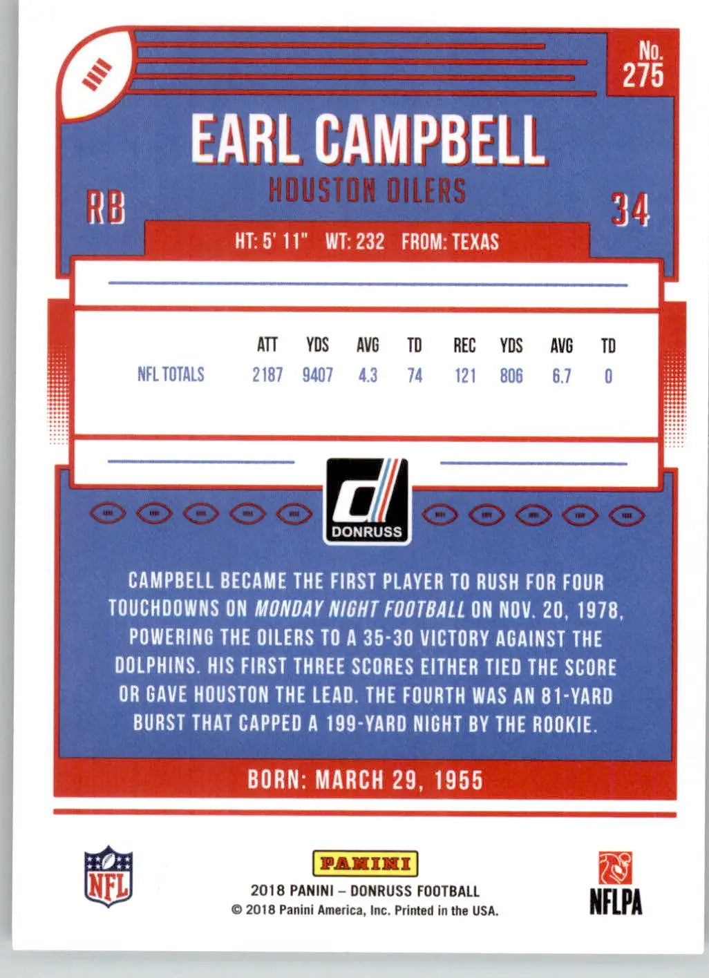 Earl Campbell - 2018 Donruss - #275 - Football - Football Card Single