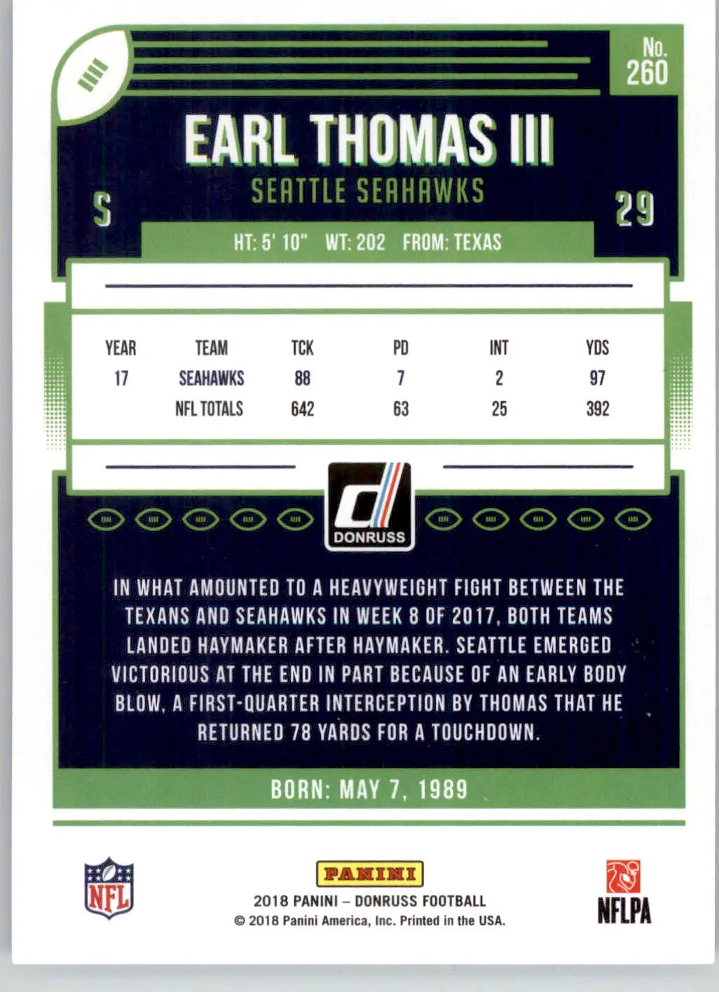 Earl Thomas III - 2018 Donruss - #260 - Football - Football Card Single