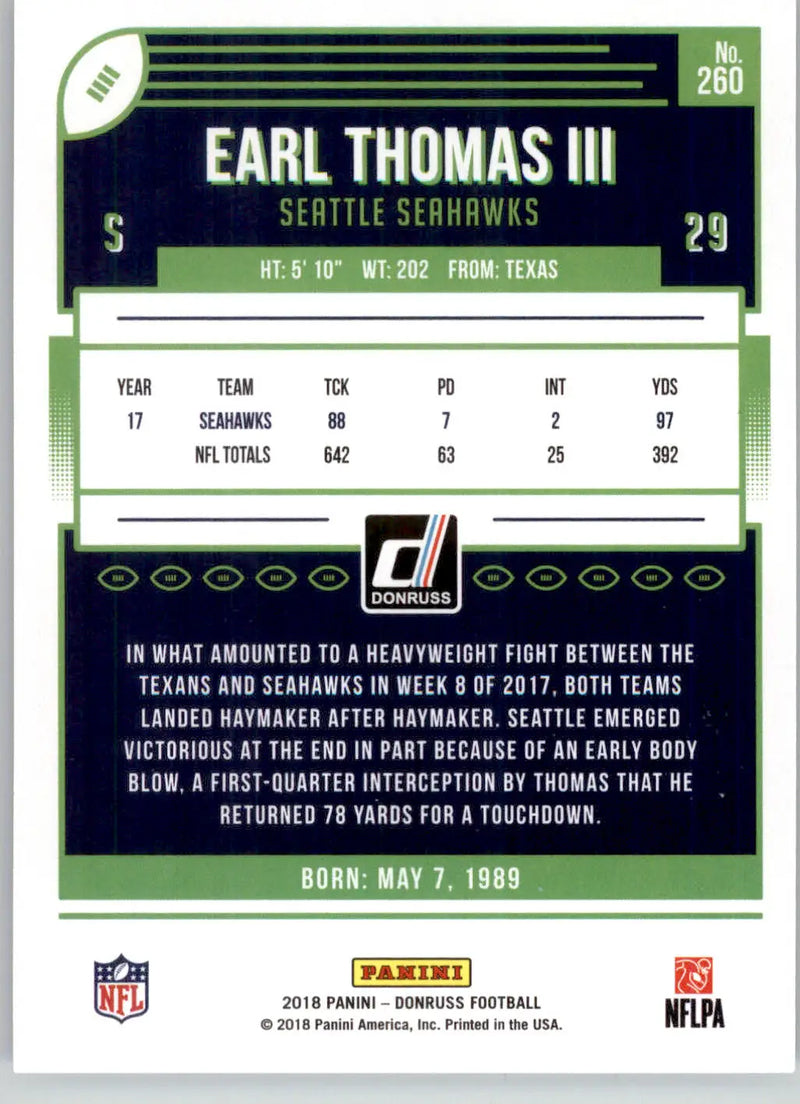 Earl Thomas III - 2018 Donruss - #260 - Football - Football Card Single