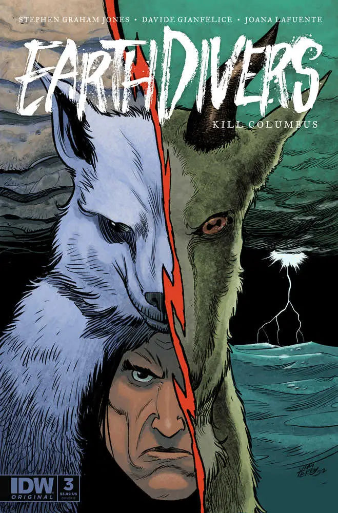 Comic book cover for Earthdivers #3 features a dramatic split face design of wolf, human, and green creature