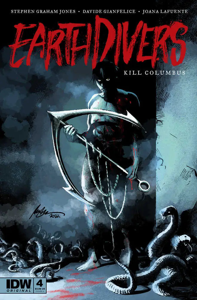 Dark hooded figure with scythe battles tentacle creatures on Earthdivers #4 comic cover