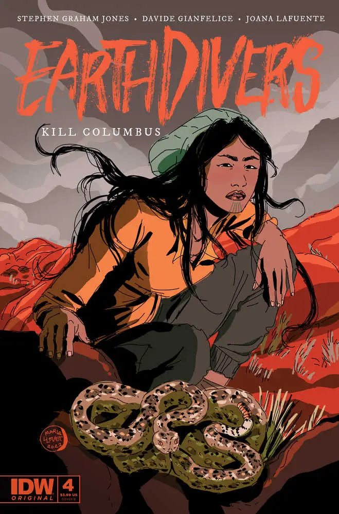 Comic book cover for Earth Divers #4 features a figure, snake, and vibrant red backdrop