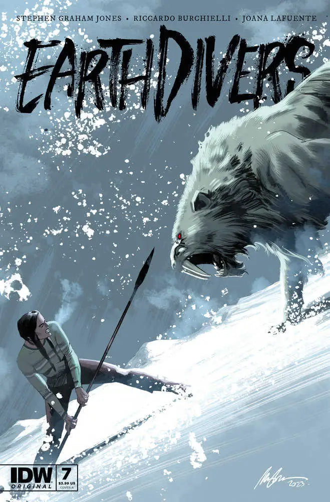 Comic book cover of Earthdivers #7 with a dramatic polar bear confrontation in snow