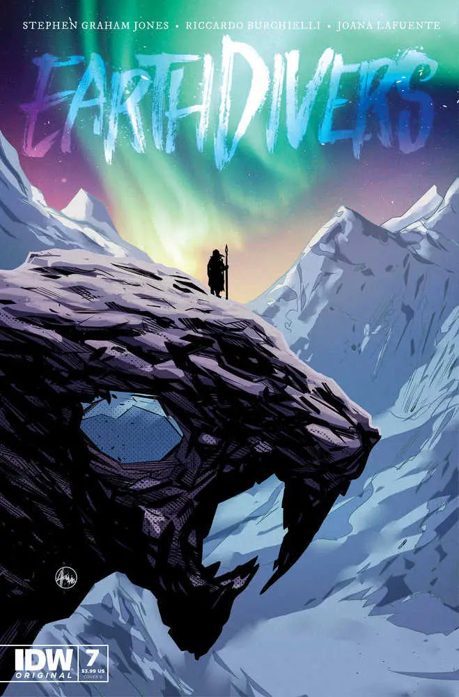 Silhouetted figure on rocky outcrop under aurora lights in Earthdivers #7 Variant B trading card