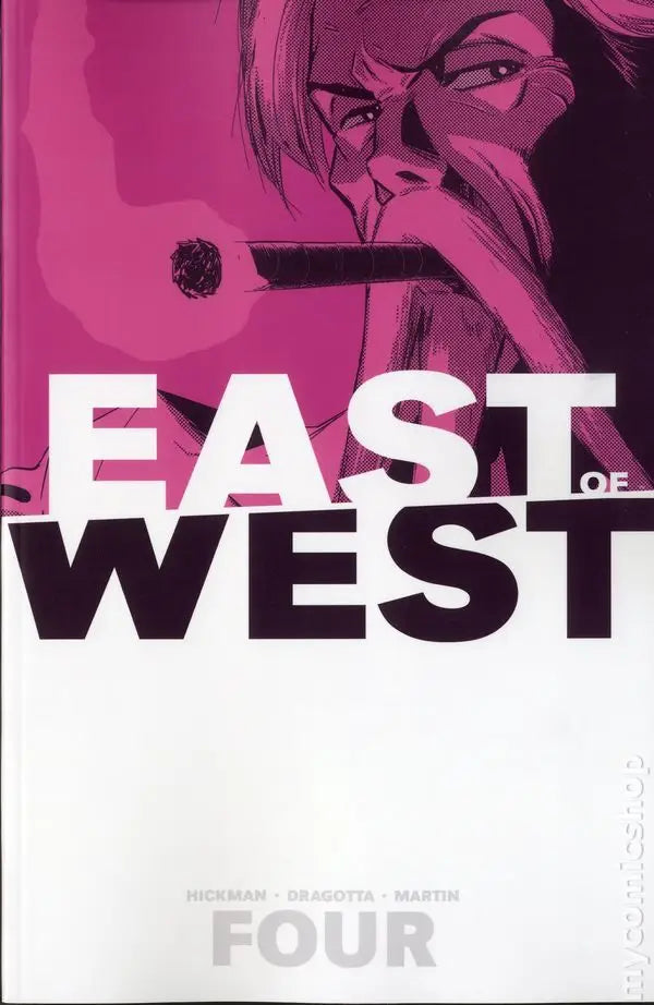 Comic book cover of East of West Volume 04 featuring pink-tinted art and trading cards