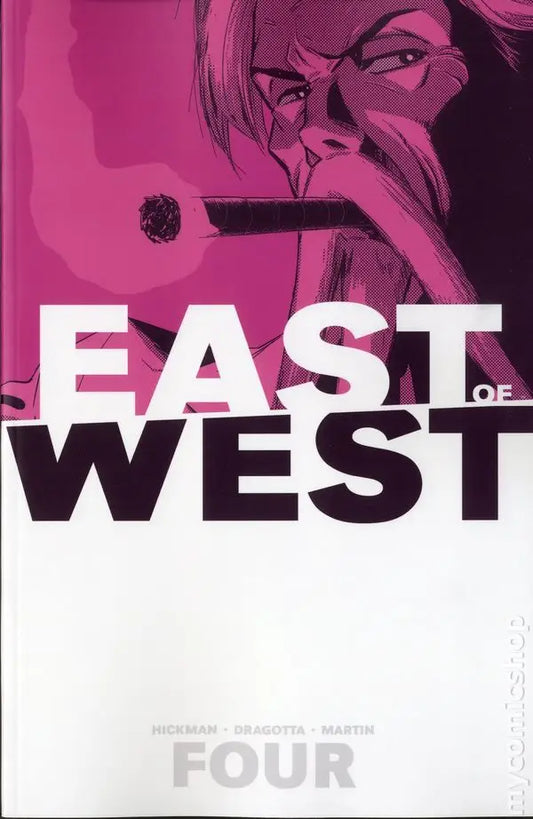 Comic book cover of East of West Volume 04 featuring pink-tinted art and trading cards