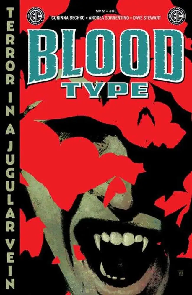 Comic book cover featuring vampire with fangs and bats for EC Blood Type Andrea Sorrentino Variant