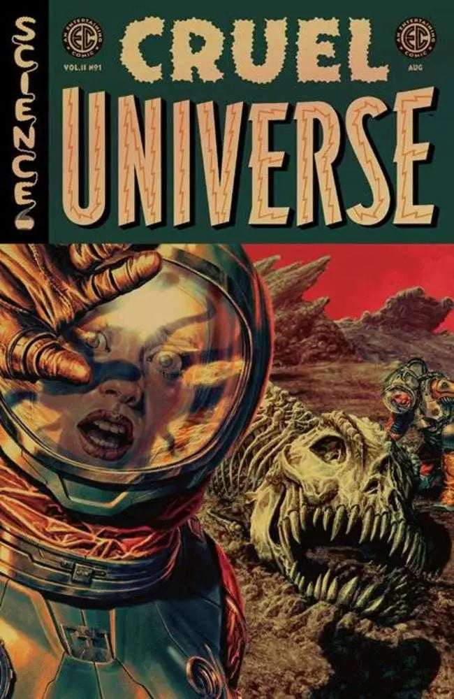Distressed astronaut on alien planet with dinosaur skeletons in EC Cruel Universe 2 Bermejo Gold Foil Variant
