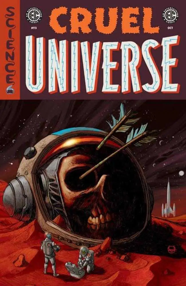 Skull in astronaut helmet pierced by arrow for EC Cruel Universe #3 trading card variant