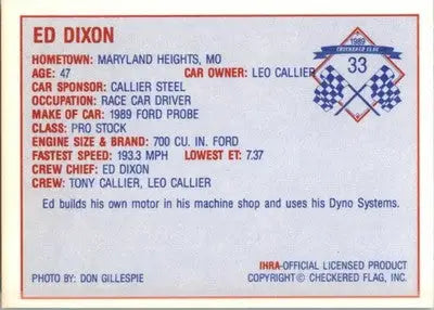 Ed Dixon - 1989 Checkered Flag IHRA - #33 - Racing - Racing Card Single