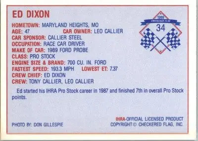 Ed Dixon - 1989 Checkered Flag IHRA - #34 - Racing - Racing Card Single