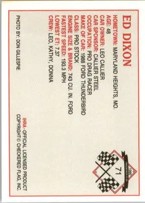 Ed Dixon - 1990 Checkered Flag IHRA - #71 - Racing - Racing Card Single