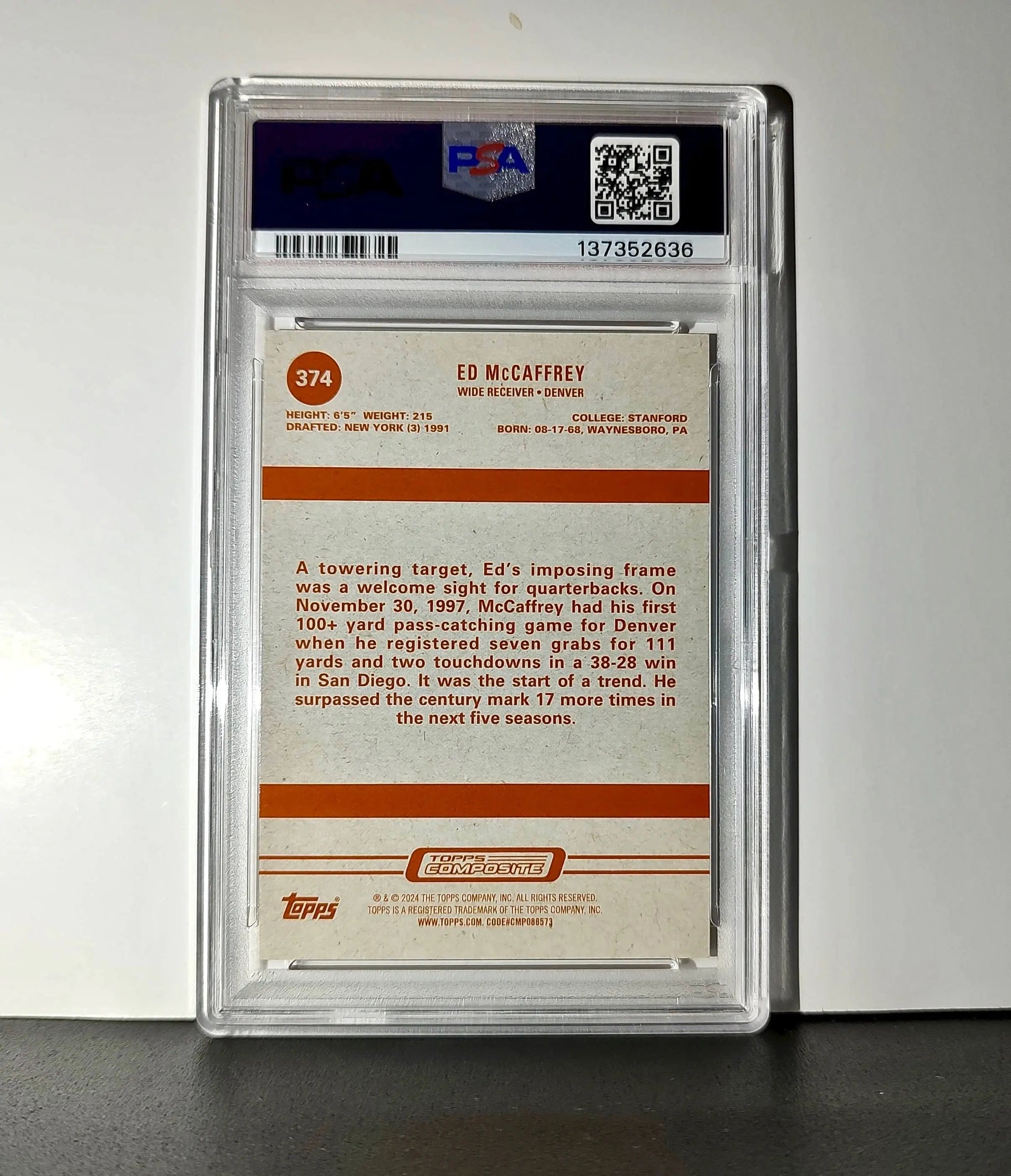 Ed McCaffrey 2023 Topps #374 22/25 Heritage Orange Rainbow Foilboard PSA 10 Gem