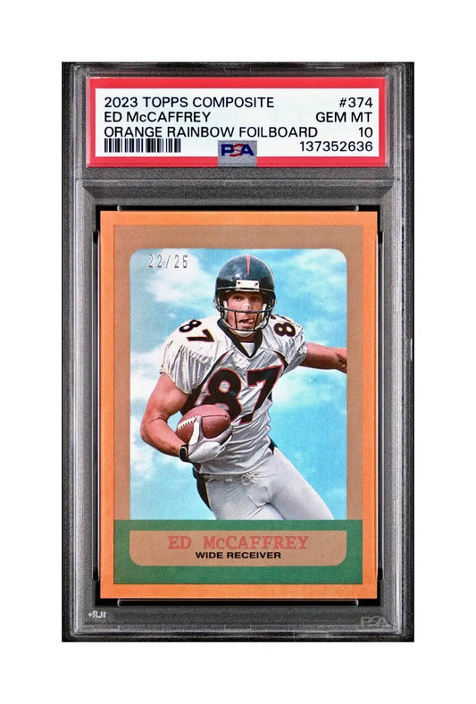 Ed McCaffrey 2023 Topps #374 22/25 Heritage Orange Rainbow Foilboard PSA 10 Gem - Football Card Single