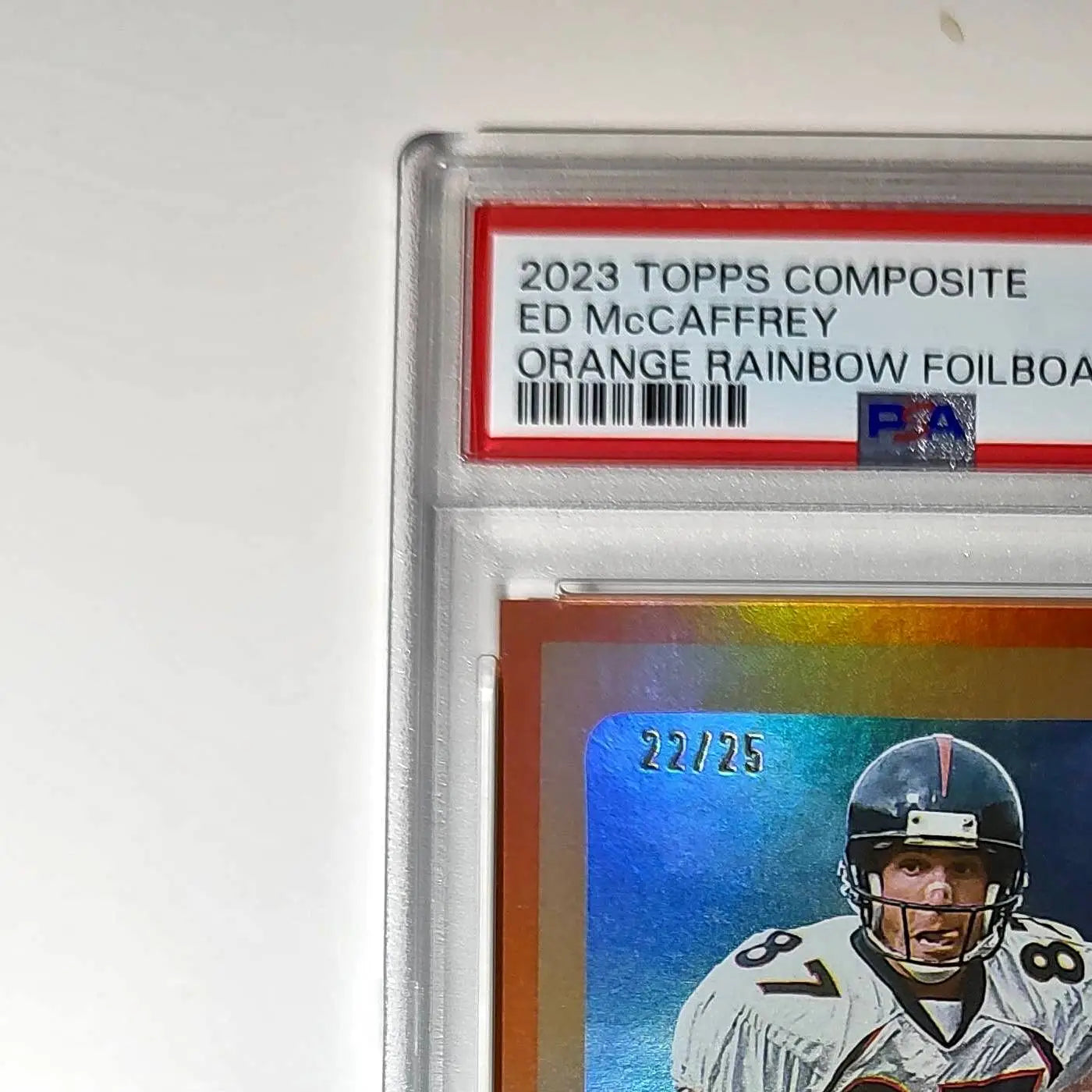 Ed McCaffrey 2023 Topps #374 22/25 Heritage Orange Rainbow Foilboard PSA 10 Gem