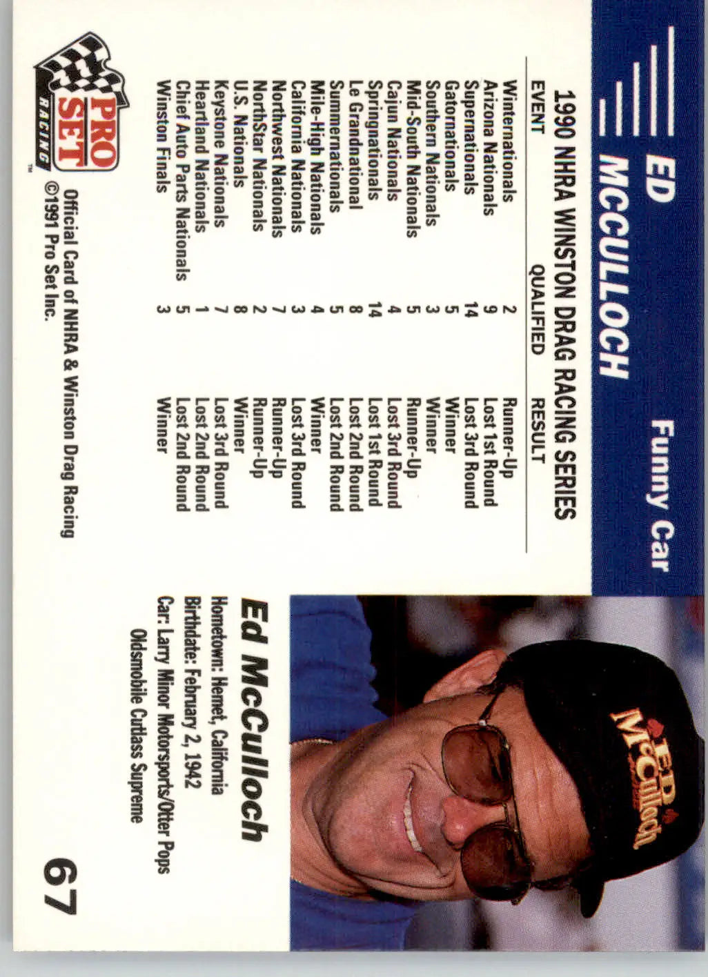 Ed McCulloch’s Car - 1991 Pro Set NHRA - #67 - Racing - Racing Card Single