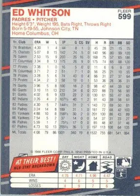 Ed Whitson - 1988 Fleer - #599 - Baseball - Baseball Card Single