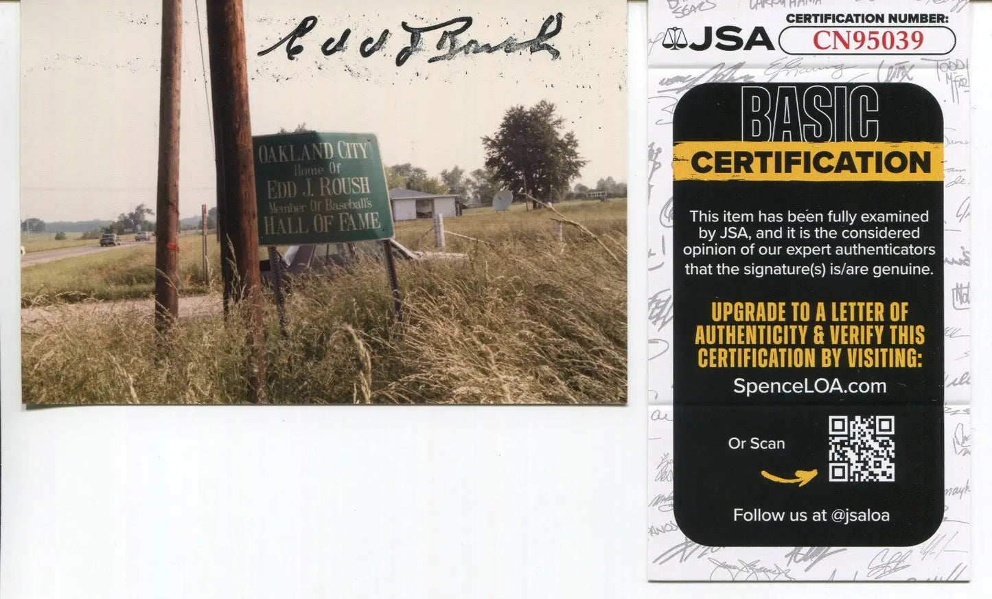 Edd J Roush Authenticated Auto 1985 Photograph HOF Oakland City Indiana Sign JSA