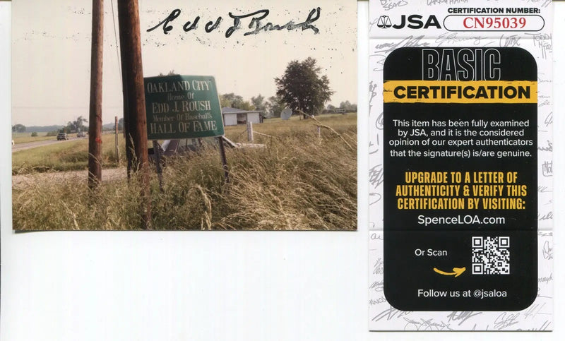 Edd J Roush Authenticated Auto 1985 Photograph HOF Oakland City Indiana Sign JSA