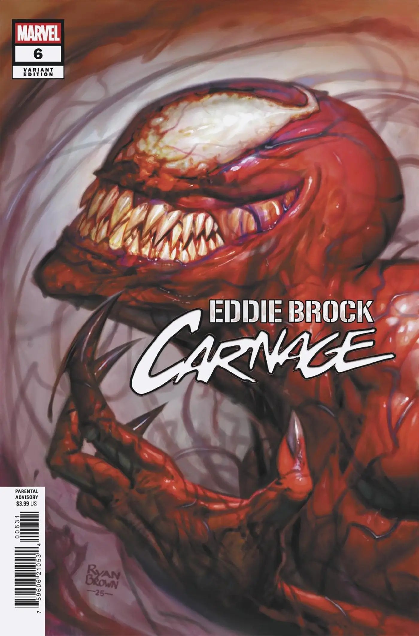 Comic book cover of Eddie Brock Carnage with red monstrous character Ryan Brown variant