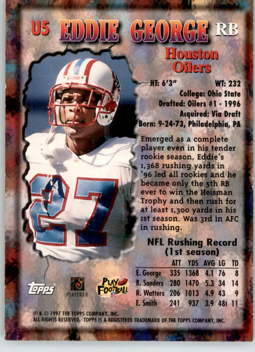 Eddie George - 1997 Topps - #U5 - Underclassmen Football - Football Card Single