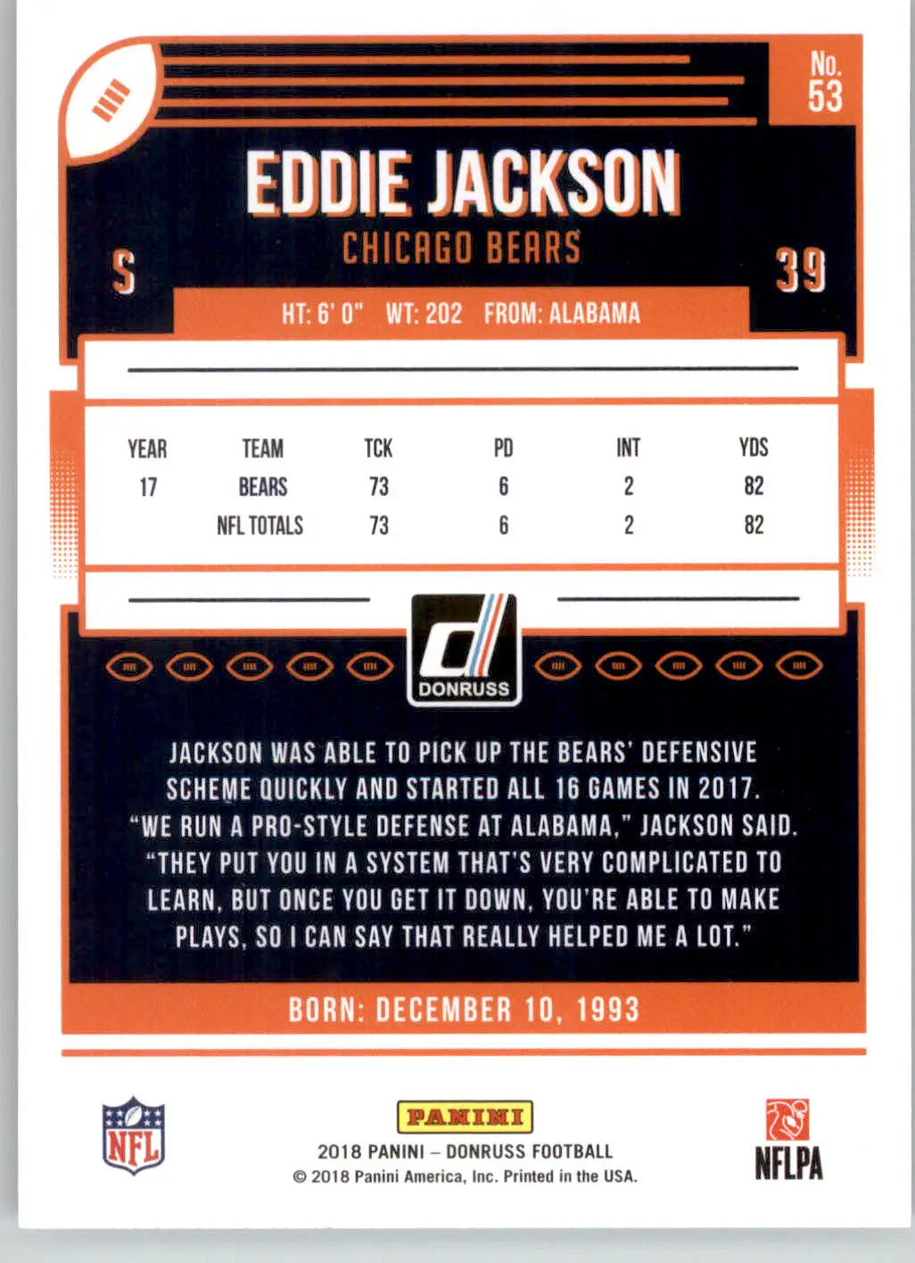 Eddie Jackson - 2018 Donruss - #53 - Football - Football Card Single