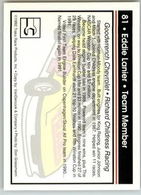 Eddie Lanier - 1992 Traks - #81 - Racing - Racing Card Single