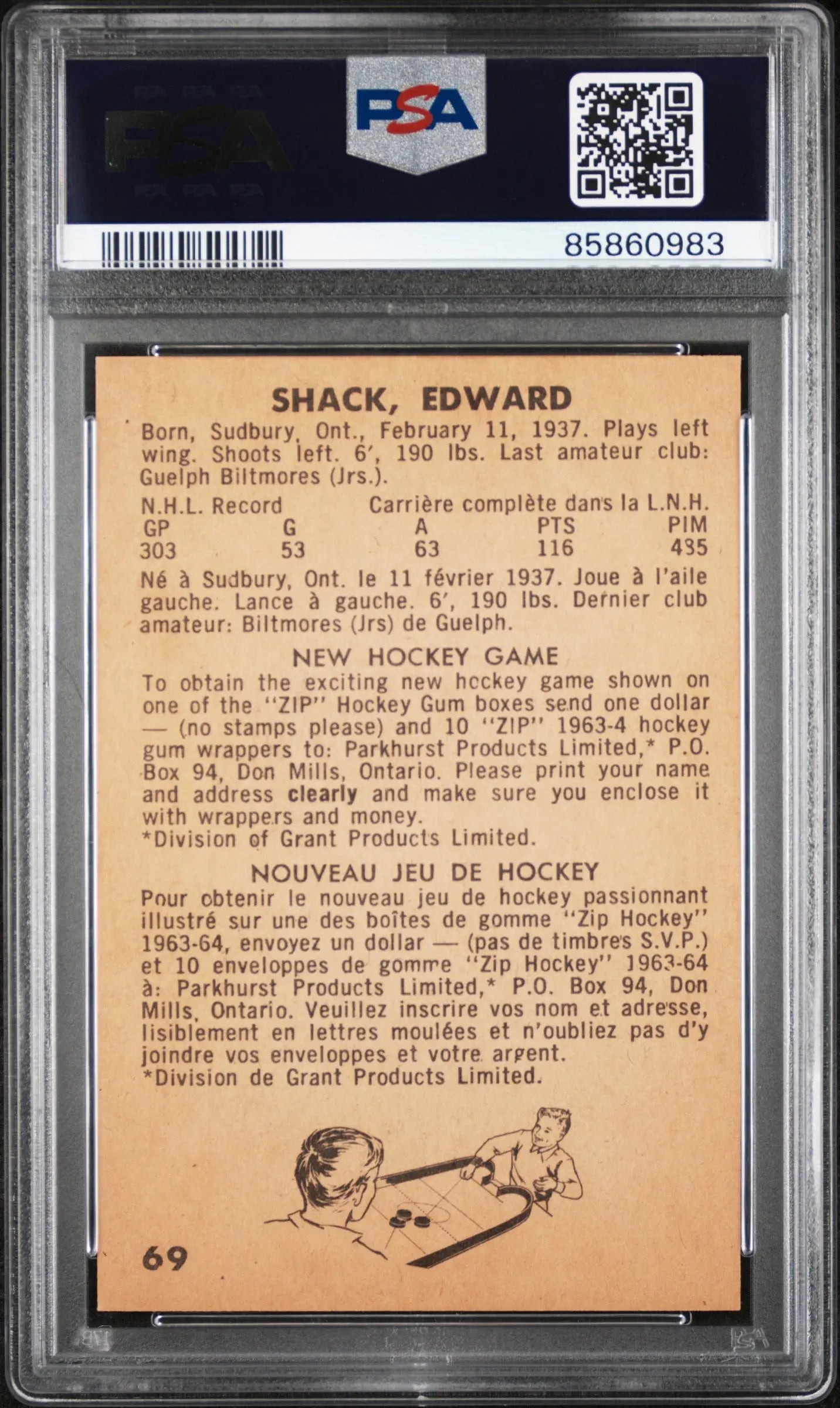 Eddie Shack 1963 Parkhurst #69 PSA 8 Nm-Mint 8 - Hockey Card Single