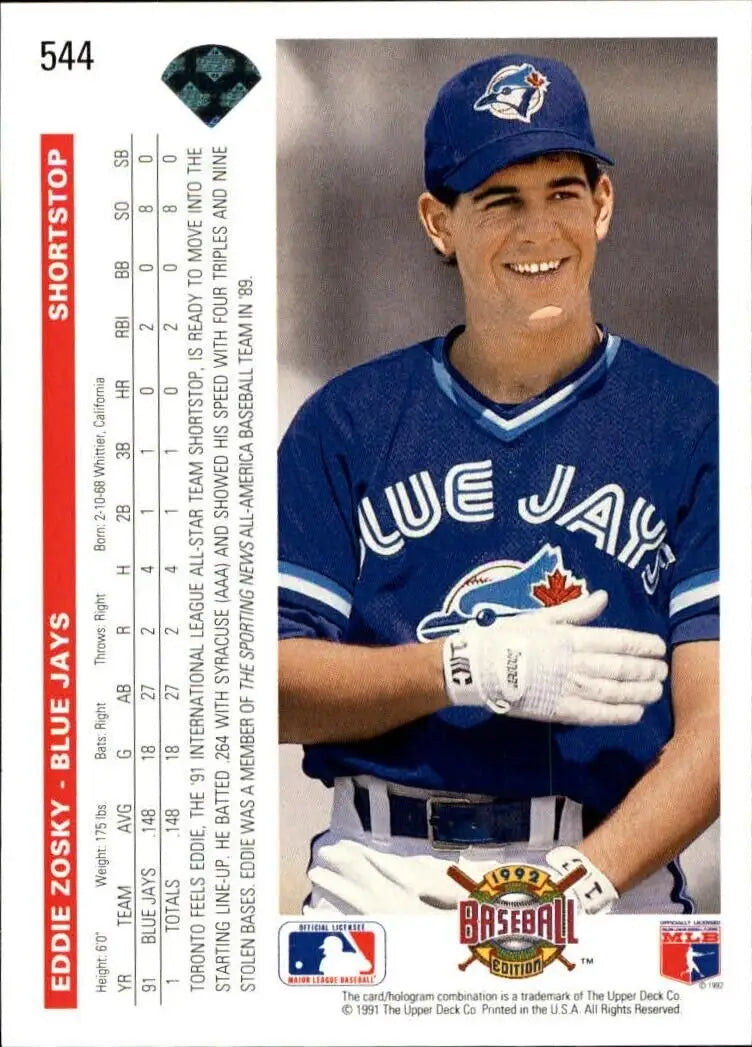 Eddie Zosky 1992 Upper Deck MLB #544 Baseball Card Toronto Blue Jays - Baseball Card Single