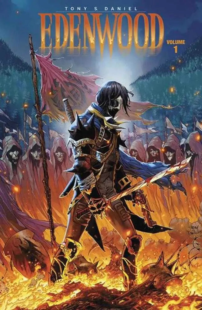 Sword-wielding warrior in flames featured on Edenwood TPB Volume 01 trading cards
