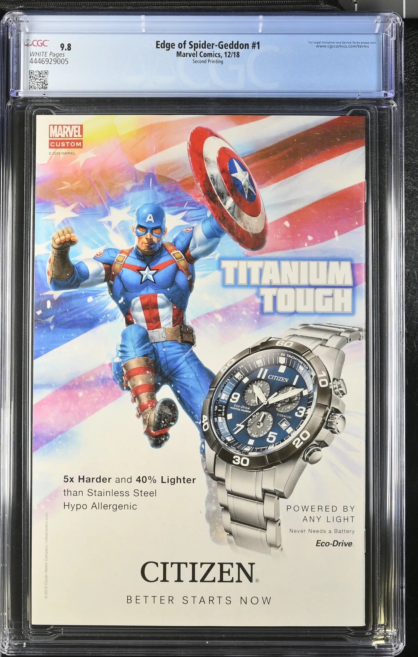 Graded comic book ad with Captain America and Citizen watch in Edge Of Spider-Geddon #1