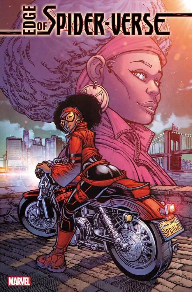 Comic book cover of Edge Of Spider-Verse #4 with motorcycle rider, cityscape, and portrait overlay