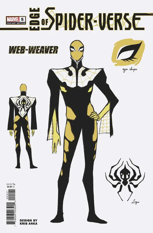 Character design sheet for Web-Weaver in black and gold costume, collectible trading cards